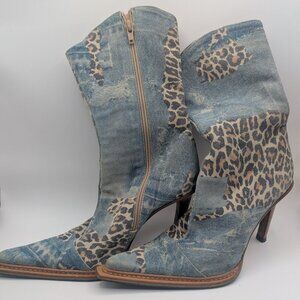 Vero Cuoio Denim Leopard Cowboy Vintage Jean High Heels size 38